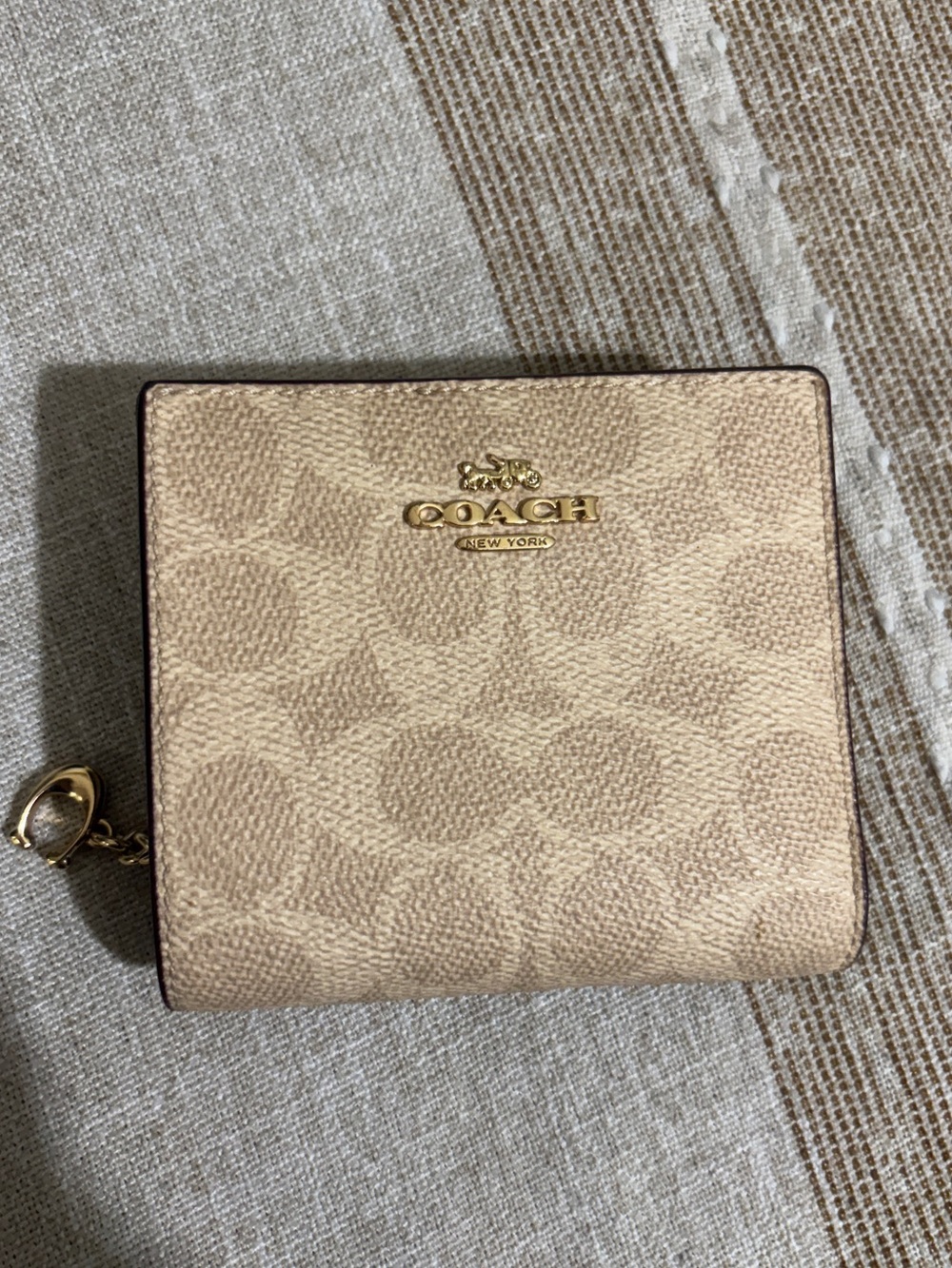 Coach Compact Signature Zip Wallet in Light Beige
